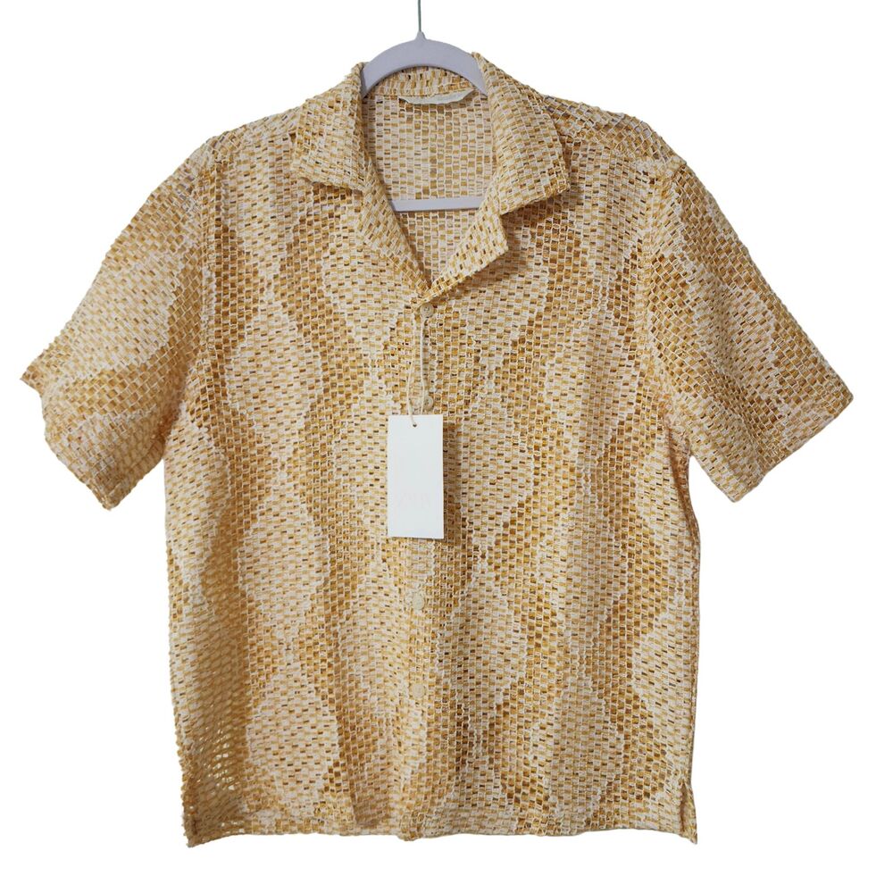 NWT Zara Crochet Button-Up Shirt Yellow White Cuban Collar Short Sleeve Men's S
